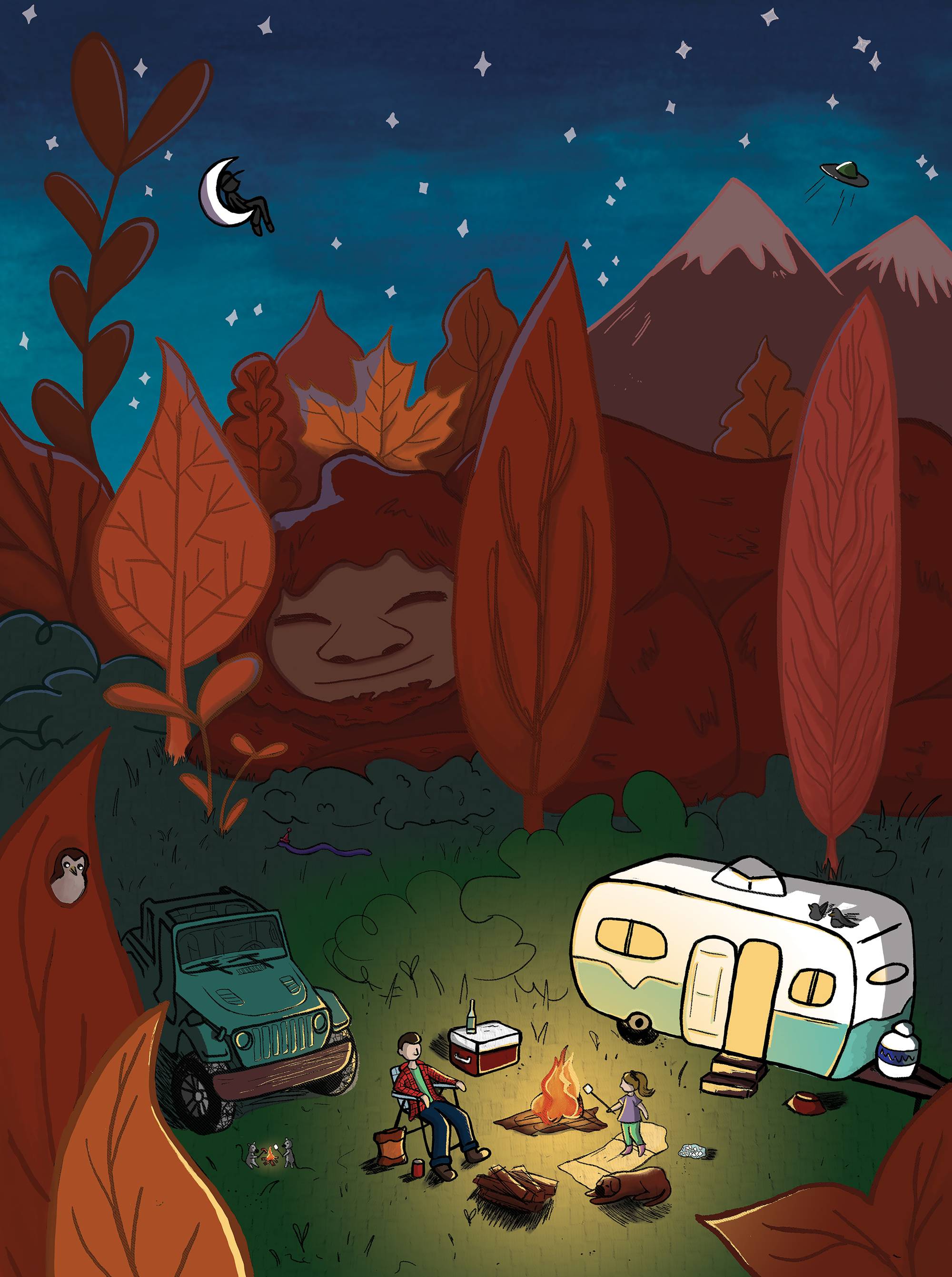 Night time image of a a camping scene surrounded by red trees, one with a face. CAmpbers sit around a fire roasting marshmallows near a jeep and RV.